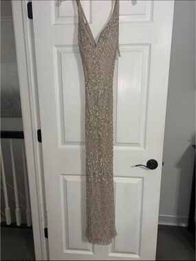 Beaded V-Neck Prom Dress in Neutral Beige